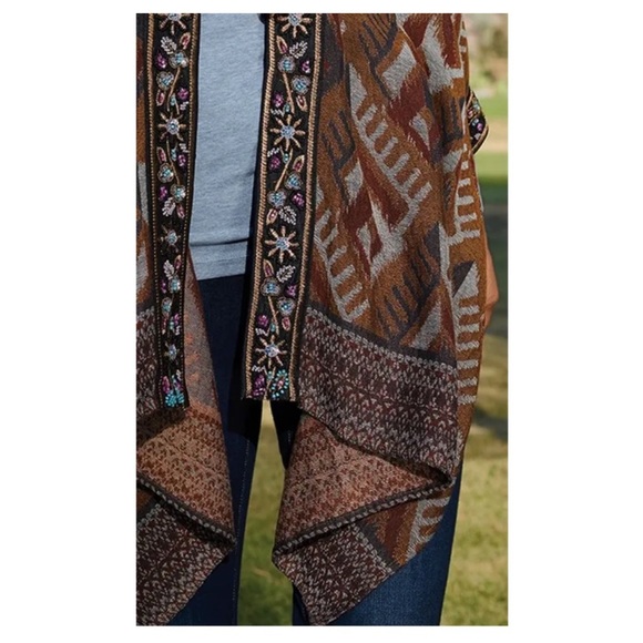 Soft Surroundings Asmara Embellished Beaded Knit Tapestry Wrap Earthy Ikat - Picture 7 of 16